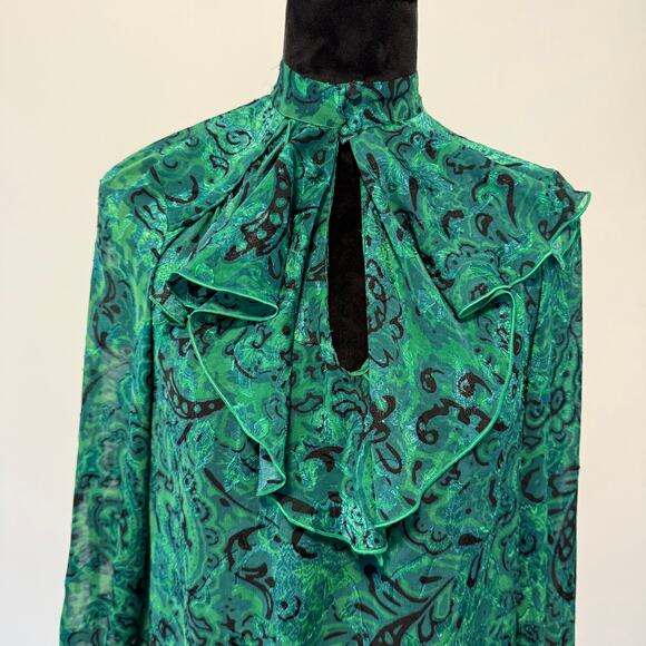NWT Zara Green Paisley Ruffled Neck  Jacquared Long Sleeve Blouse Size XS - Picture 5 of 12